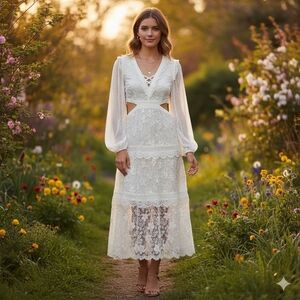 ALEXIS for Target Cream/Ivory Lace Cut Out Tiered Maxi Dress XS Long Sleeve Ruff